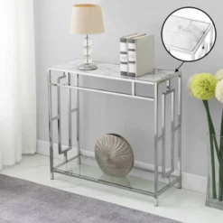 Town Square Chrome Faux Marble Glass Hall Table With Shelf White Marble/Glass/Chrome - Breighton Home