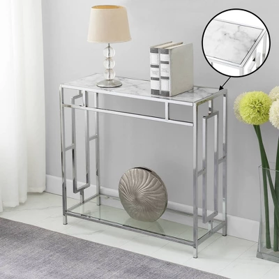 Town Square Chrome Faux Marble Glass Hall Table With Shelf White Marble/Glass/Chrome - Breighton Home 3 Town Square Chrome Faux Marble Glass Hall Table With Shelf White Marble/Glass/Chrome - Breighton Home
