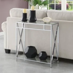 Oxford Chrome Glass Hall Table With Shelf Glass/Chrome - Breighton Home: Entryway Furniture With Geometric Design