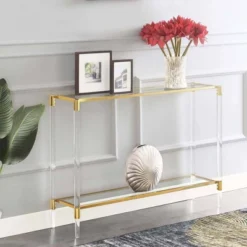 Breighton Home Royal Crest 2 Tier Acrylic Glass Console Table Gold/Glass: Chic Entryway Furniture, 12" Depth